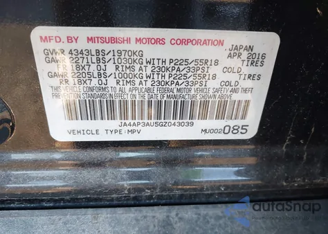 2016 Mitsubishi Outlander Sport 2.0 Es z USA, uszkodzony, nr VIN JA4AP3AU5GZ043039